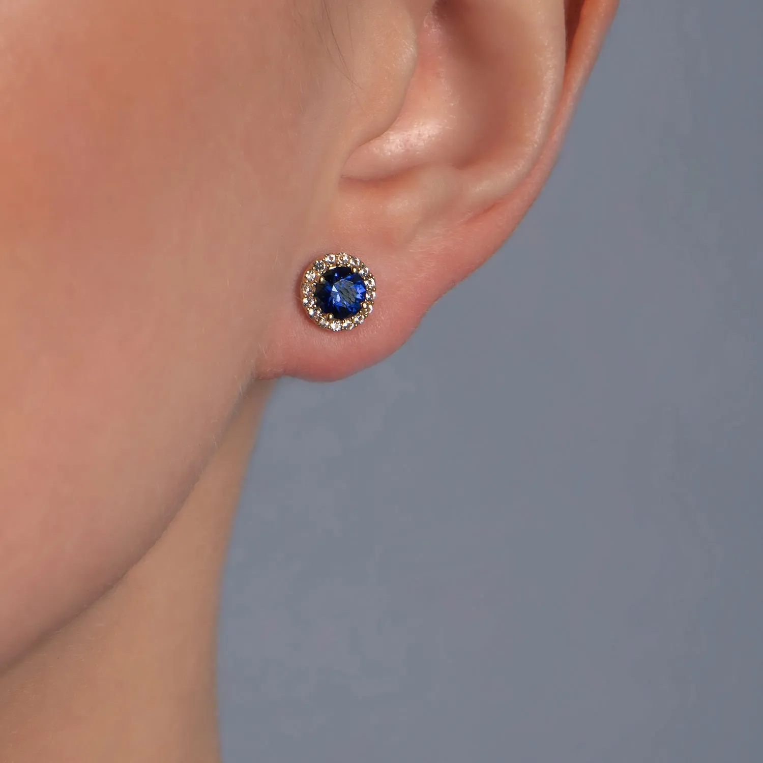 10K Yellow Gold Round Created Blue Sapphire White Sapphire Stud Earrings - Jewelili