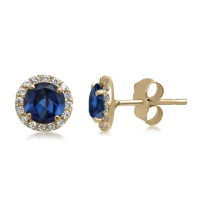 10K Yellow Gold Round Created Blue Sapphire White Sapphire Stud Earrings - Jewelili