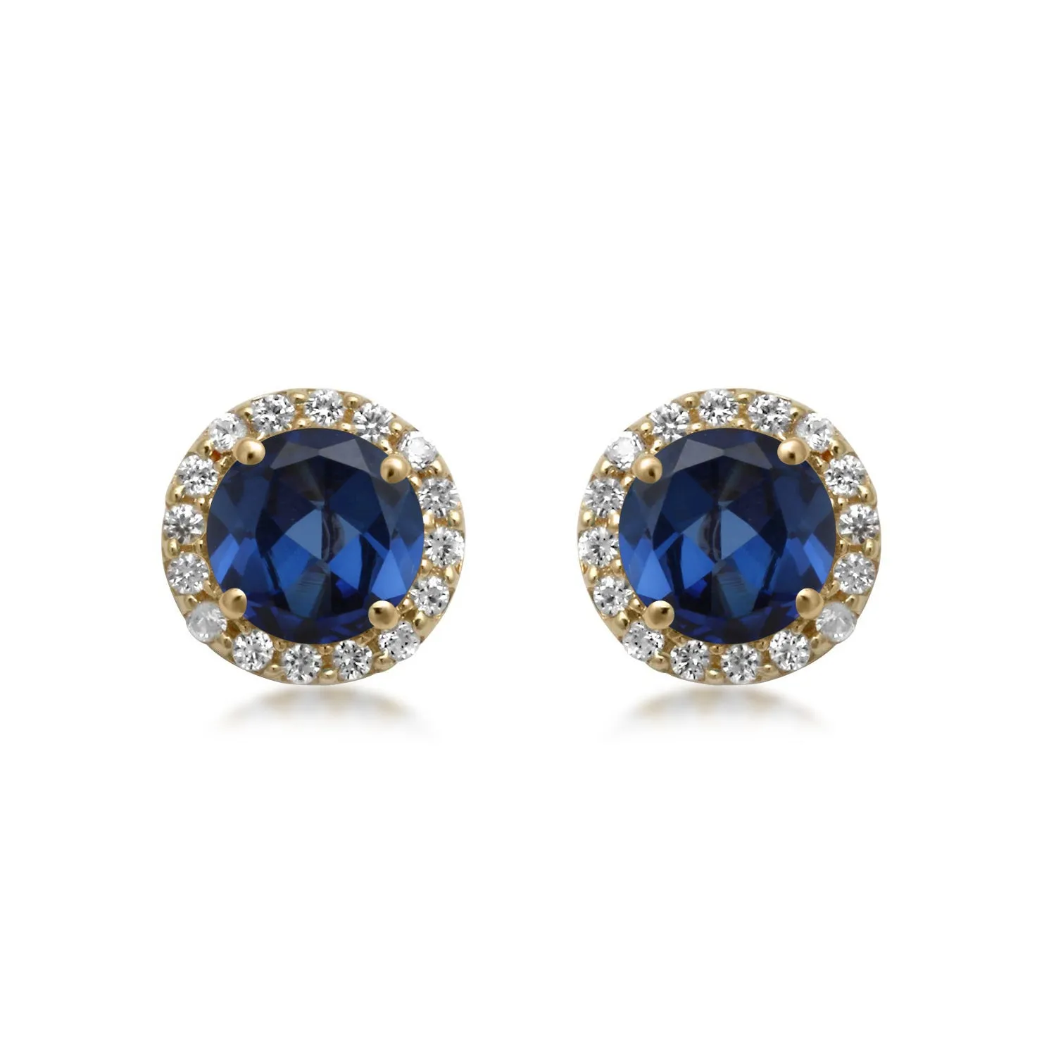 10K Yellow Gold Round Created Blue Sapphire White Sapphire Stud Earrings - Jewelili