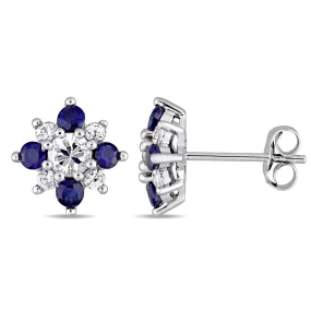 1.53125 Carat Total Gem Weight Blue and White Sapphire Flower Stud Earrings in 14K White Gold