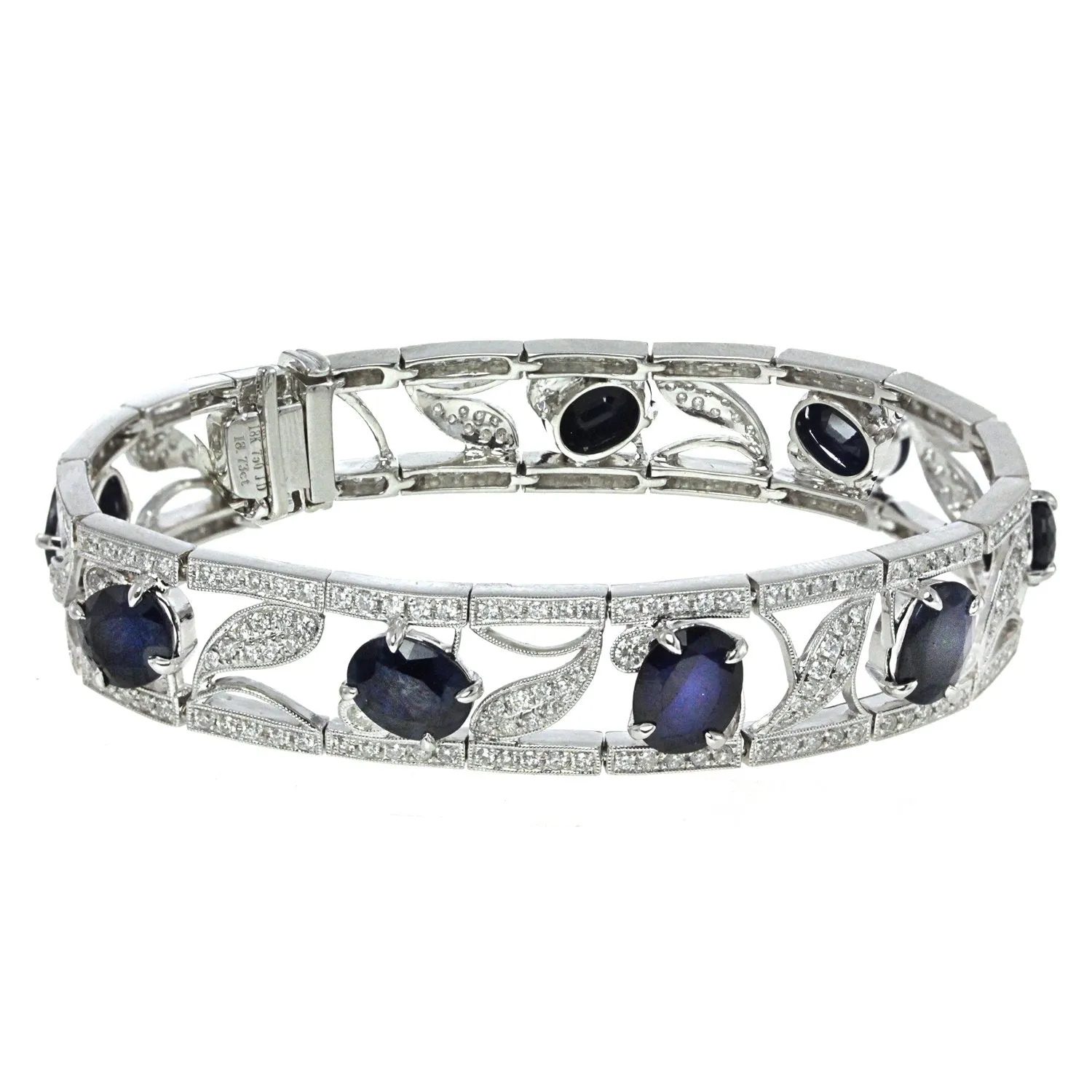 18K White Gold Diamond and Sapphire Floral Design Bangle - 3.69CT Round Cut Diamonds, 18.73CT Sapphire Weight