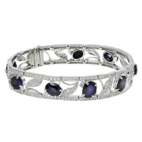 18K White Gold Diamond and Sapphire Floral Design Bangle - 3.69CT Round Cut Diamonds, 18.73CT Sapphire Weight