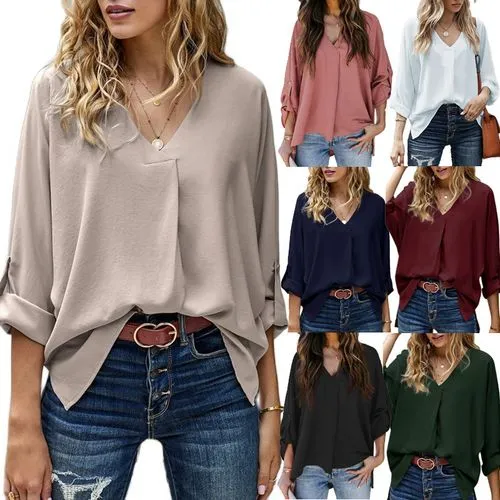 2023  2022 Spring/summer New Sexy V-neck Loose Large Size Shirt Versatile Casual Top For Women