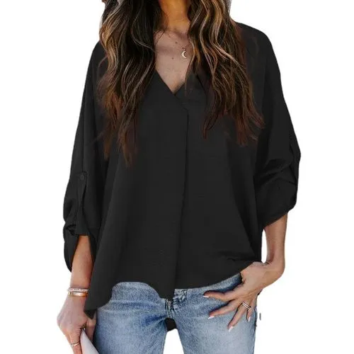 2023  2022 Spring/summer New Sexy V-neck Loose Large Size Shirt Versatile Casual Top For Women