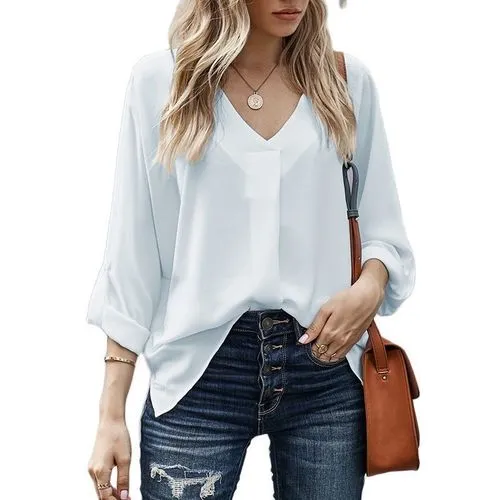 2023  2022 Spring/summer New Sexy V-neck Loose Large Size Shirt Versatile Casual Top For Women