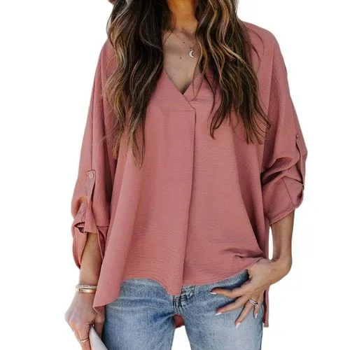 2023  2022 Spring/summer New Sexy V-neck Loose Large Size Shirt Versatile Casual Top For Women