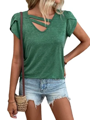 2023 Spring And Summer Europe And America Cross Border Temu Independent Station  New Women's Clothing Solid Color And V-neck