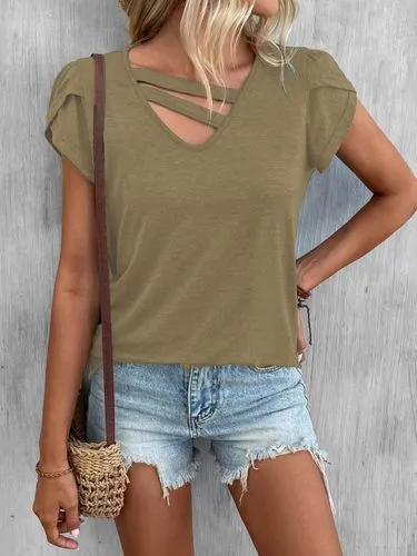 2023 Spring And Summer Europe And America Cross Border Temu Independent Station  New Women's Clothing Solid Color And V-neck