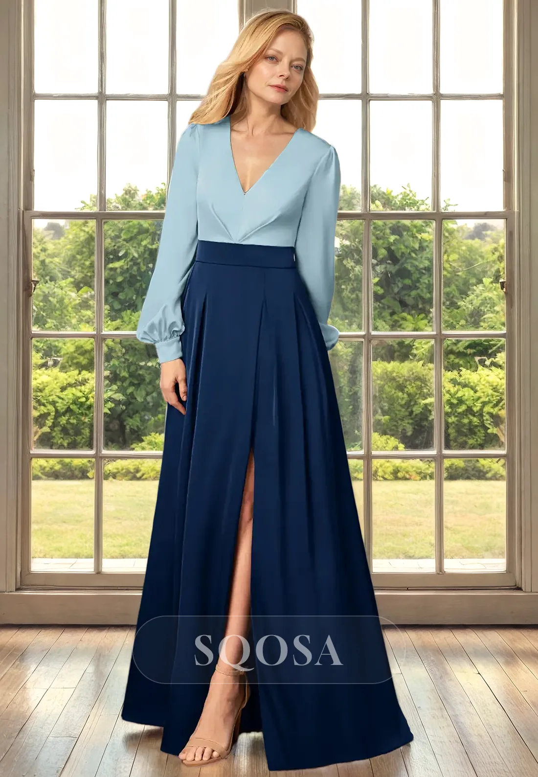 A beautiful A-line V-neck long sleeve dress for mother of the bride- perfect for weddings and cocktail parties!