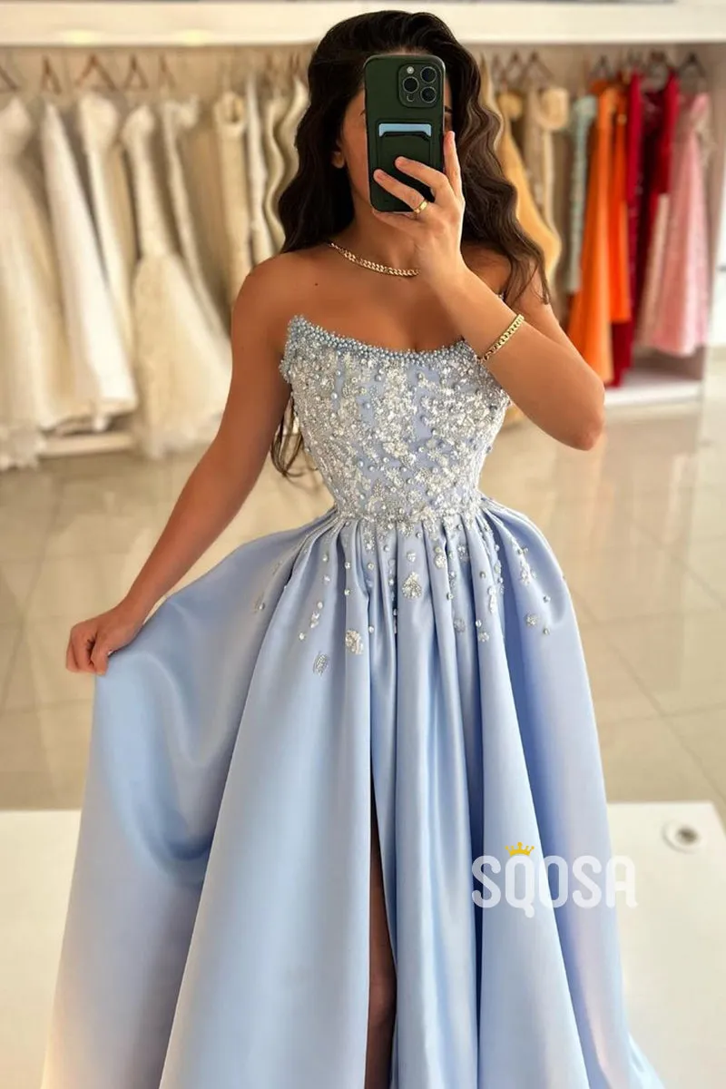 A-line Blue Beaded Strapless Satin Prom Dress with Slit - Long Evening Gown QP3165.