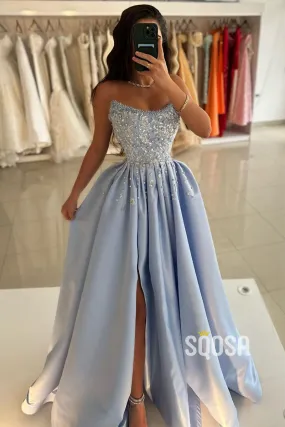 A-line Blue Beaded Strapless Satin Prom Dress with Slit - Long Evening Gown QP3165.