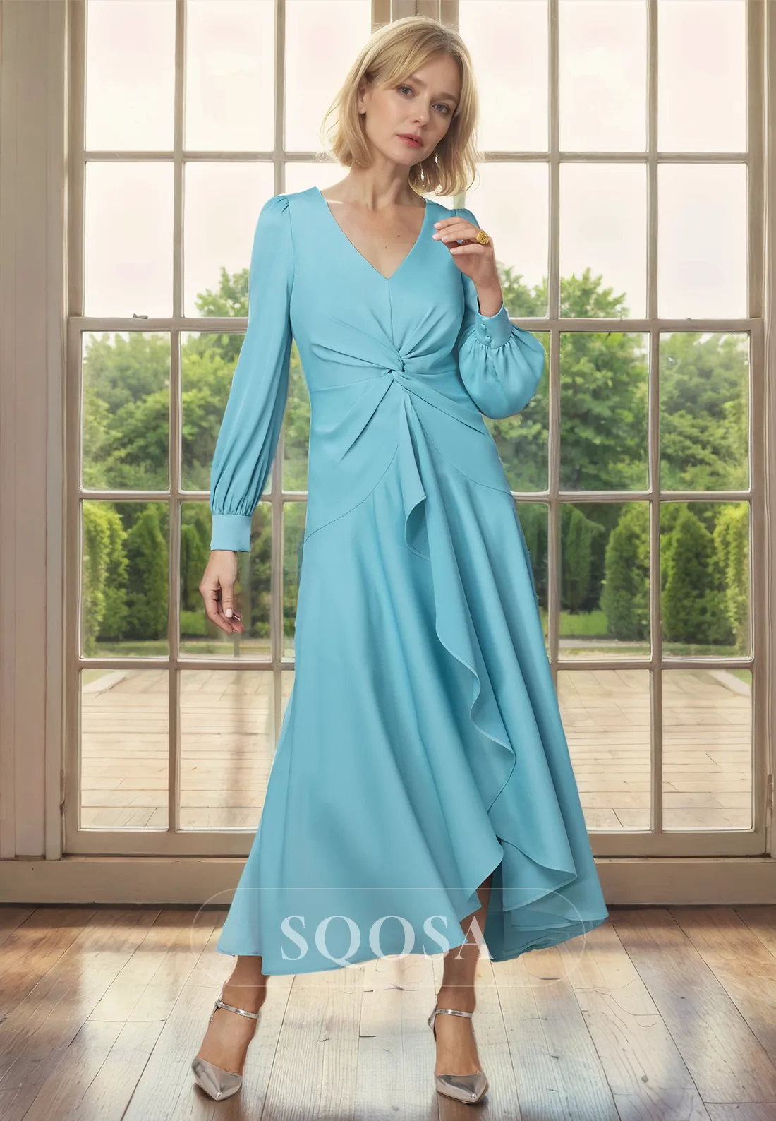 A-Line V-Neck Pleats Long Sleeve Mother of the Bride Dress for Wedding