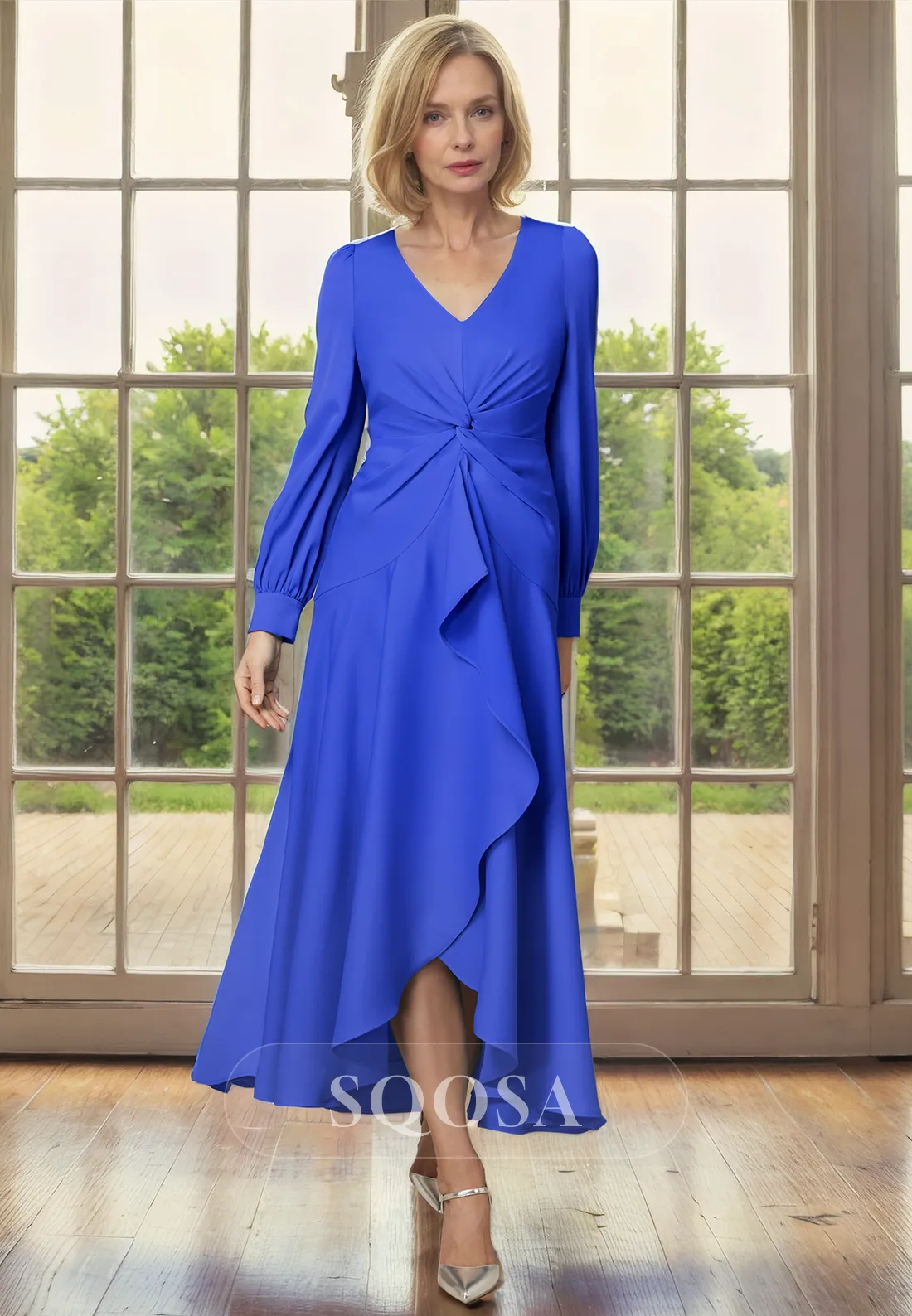 A-Line V-Neck Pleats Long Sleeve Mother of the Bride Dress for Wedding