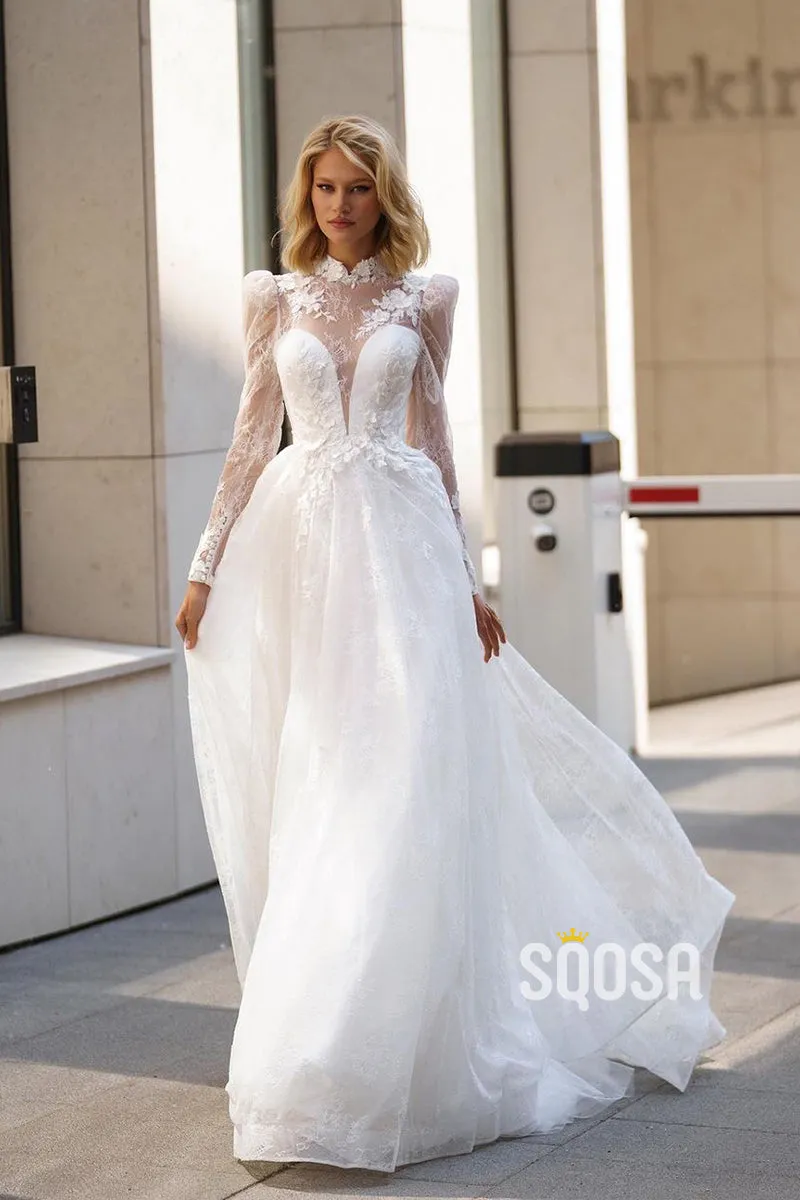 A-Line Wedding Dress with High Neck, Lace, Long Sleeves, Train - QW8085