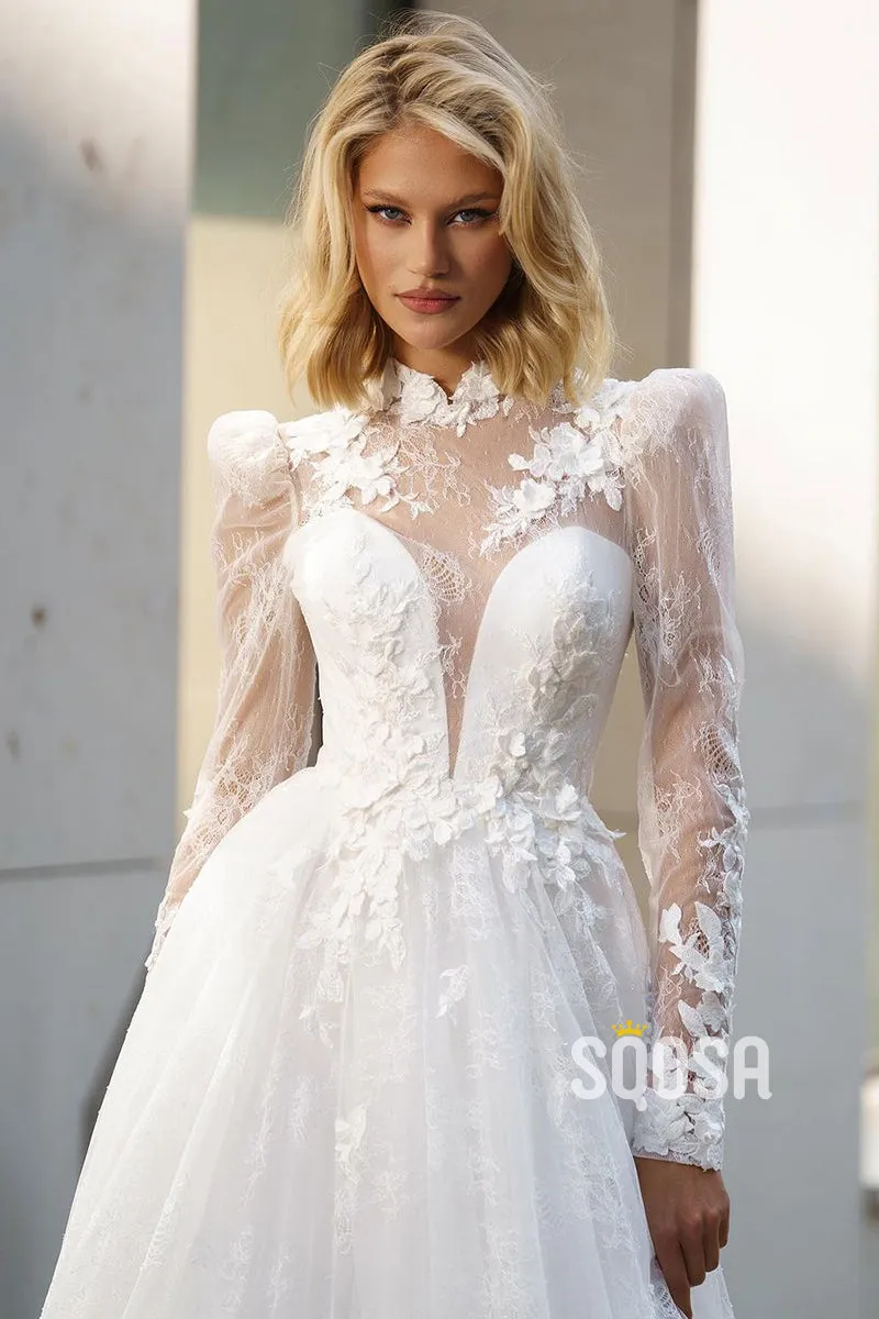 A-Line Wedding Dress with High Neck, Lace, Long Sleeves, Train - QW8085