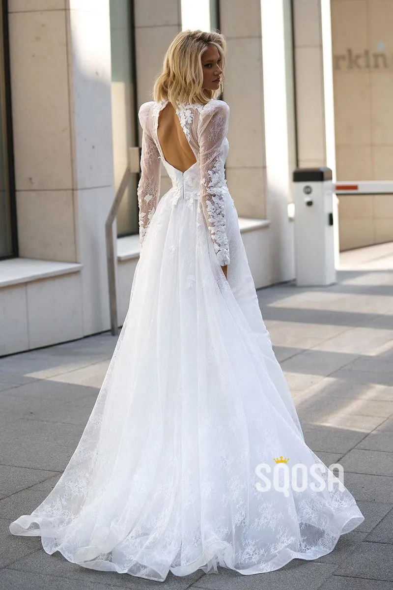 A-Line Wedding Dress with High Neck, Lace, Long Sleeves, Train - QW8085