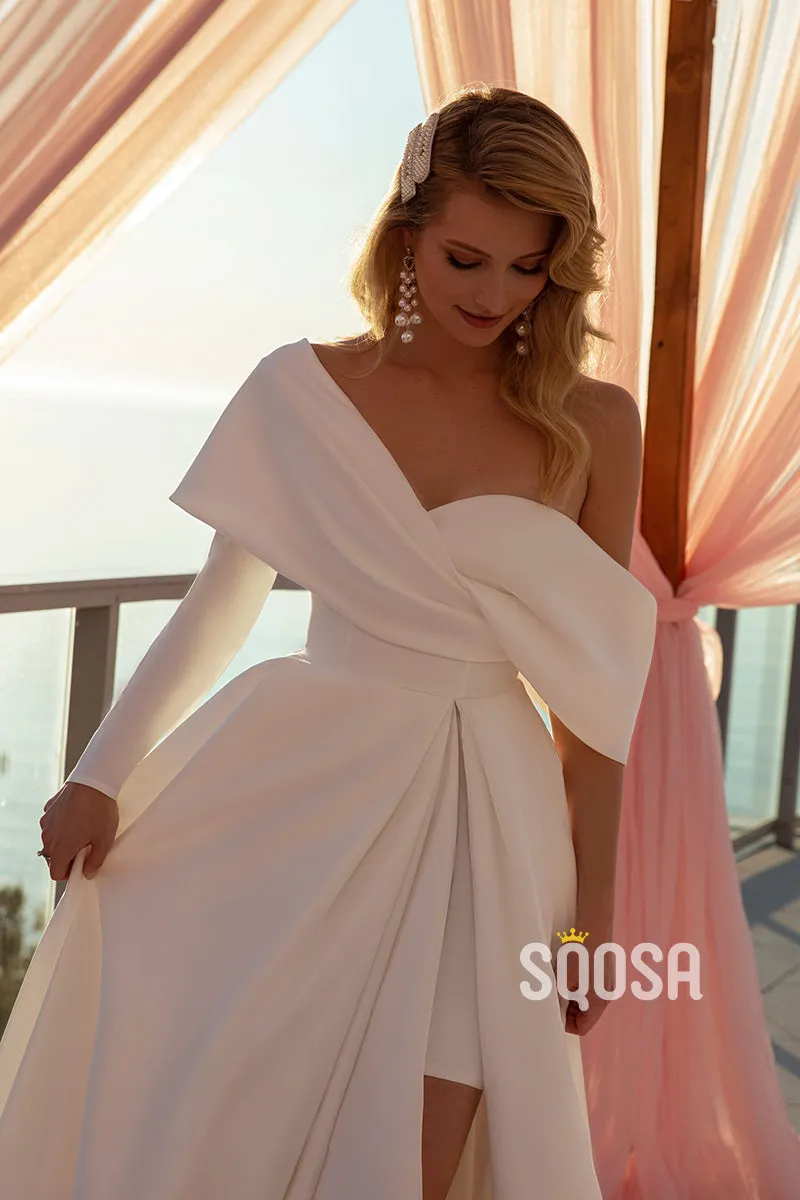 A-Line Wedding Dress with One Shoulder, Long Sleeves, Split - Bridal Gown QW8076