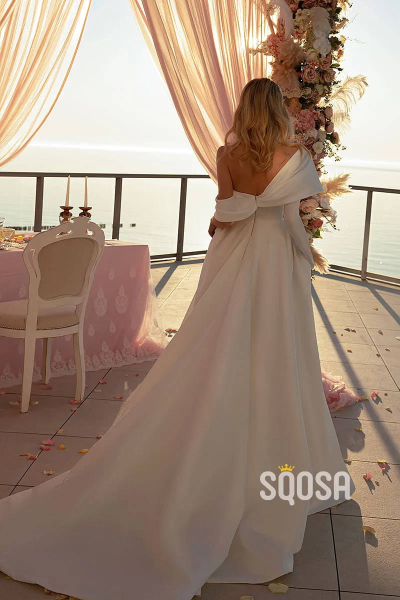 A-Line Wedding Dress with One Shoulder, Long Sleeves, Split - Bridal Gown QW8076