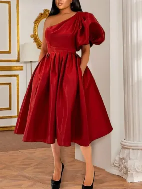 AOMEI Women's One Shoulder Red Midi Pleated Robe with Short Lantern Sleeves and Elastic Fit, Flare Summer Gown (S4618226)