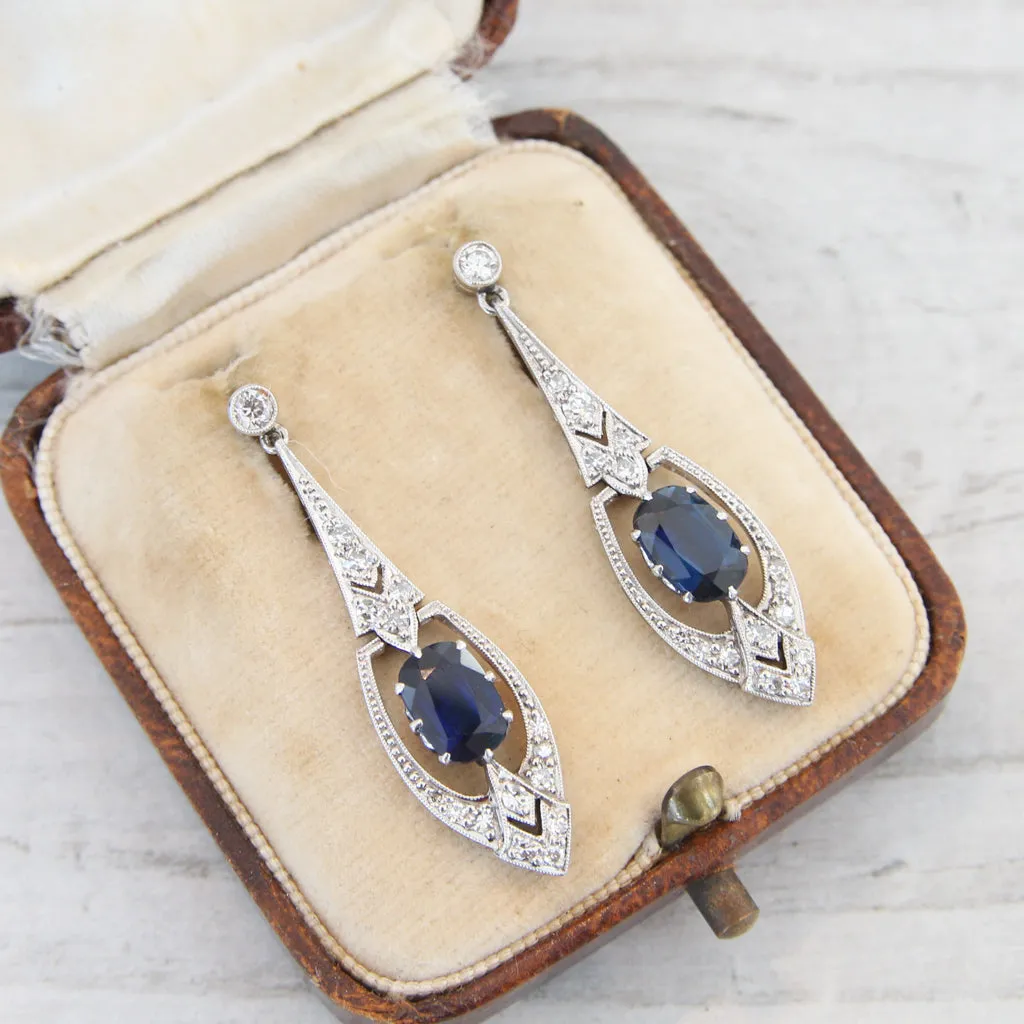 Art Deco Blue Sapphire Diamond Drop Earrings: Top Rated