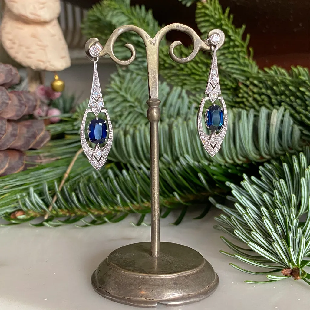 Art Deco Blue Sapphire Diamond Drop Earrings: Top Rated