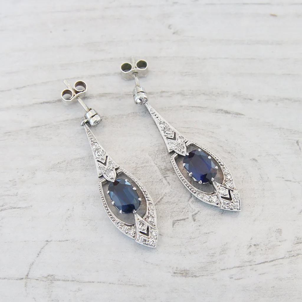 Art Deco Blue Sapphire Diamond Drop Earrings: Top Rated