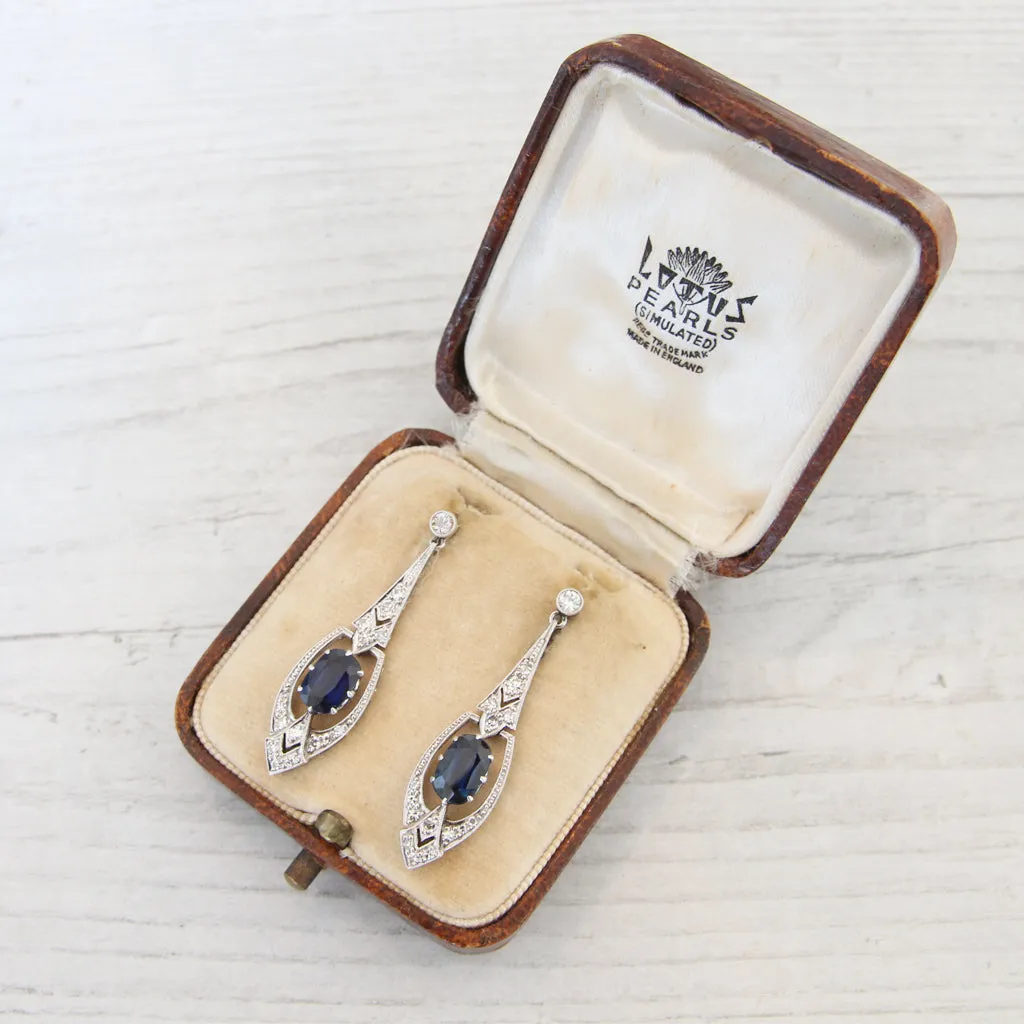 Art Deco Blue Sapphire Diamond Drop Earrings: Top Rated