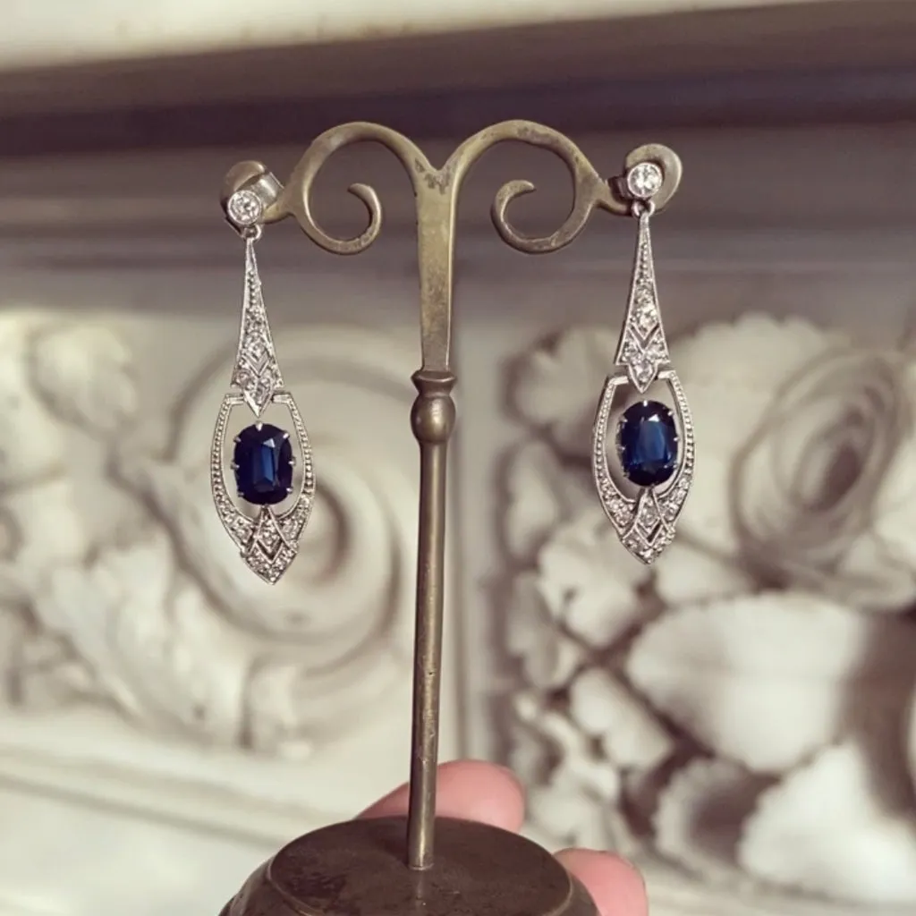 Art Deco Blue Sapphire Diamond Drop Earrings: Top Rated