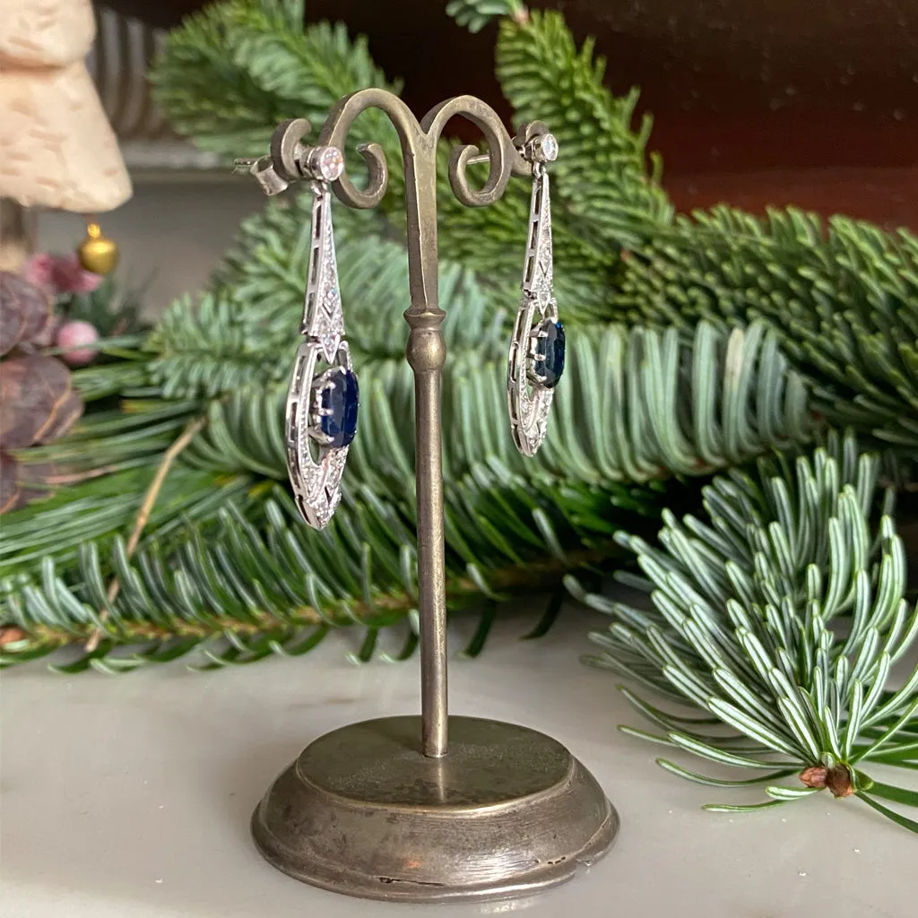 Art Deco Blue Sapphire Diamond Drop Earrings: Top Rated