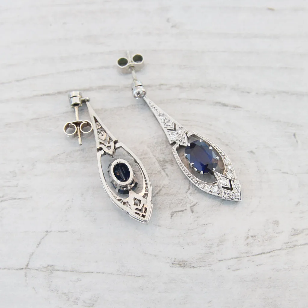 Art Deco Blue Sapphire Diamond Drop Earrings: Top Rated