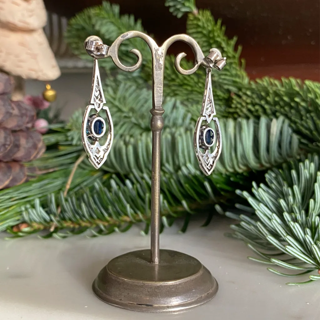 Art Deco Blue Sapphire Diamond Drop Earrings: Top Rated