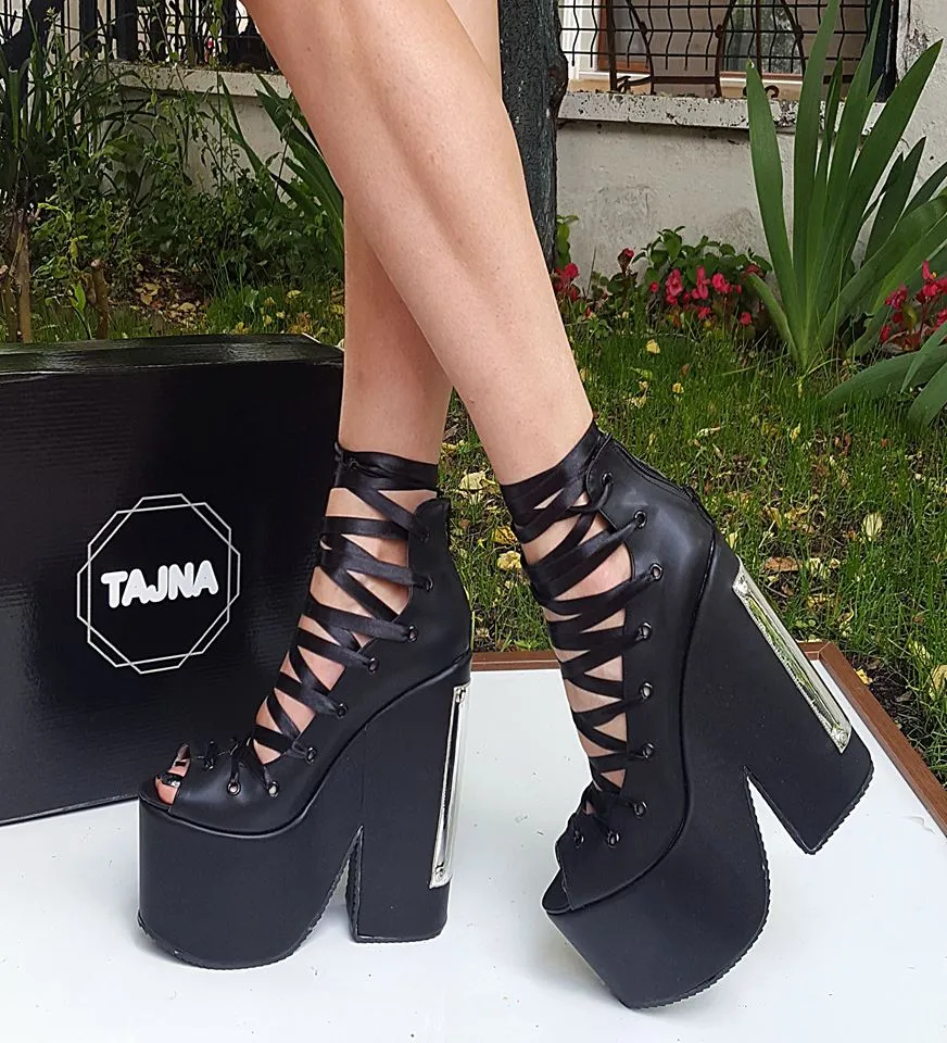 Black Lace Up Platform Wedges with 20 cm High Heels