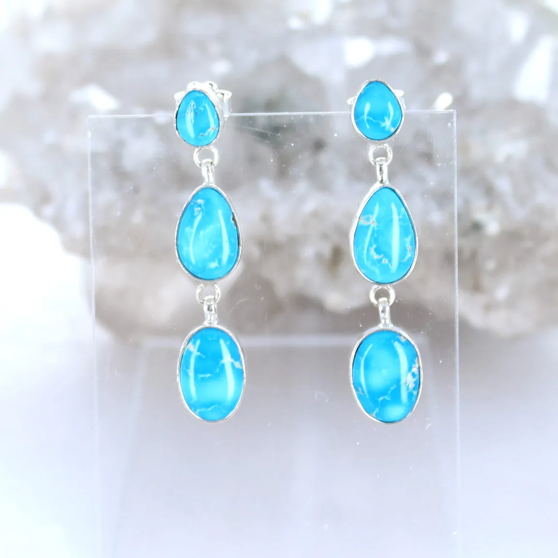 Blue Bird Turquoise Earrings - 3 Stone, Sky Blue, Sterling Silver.