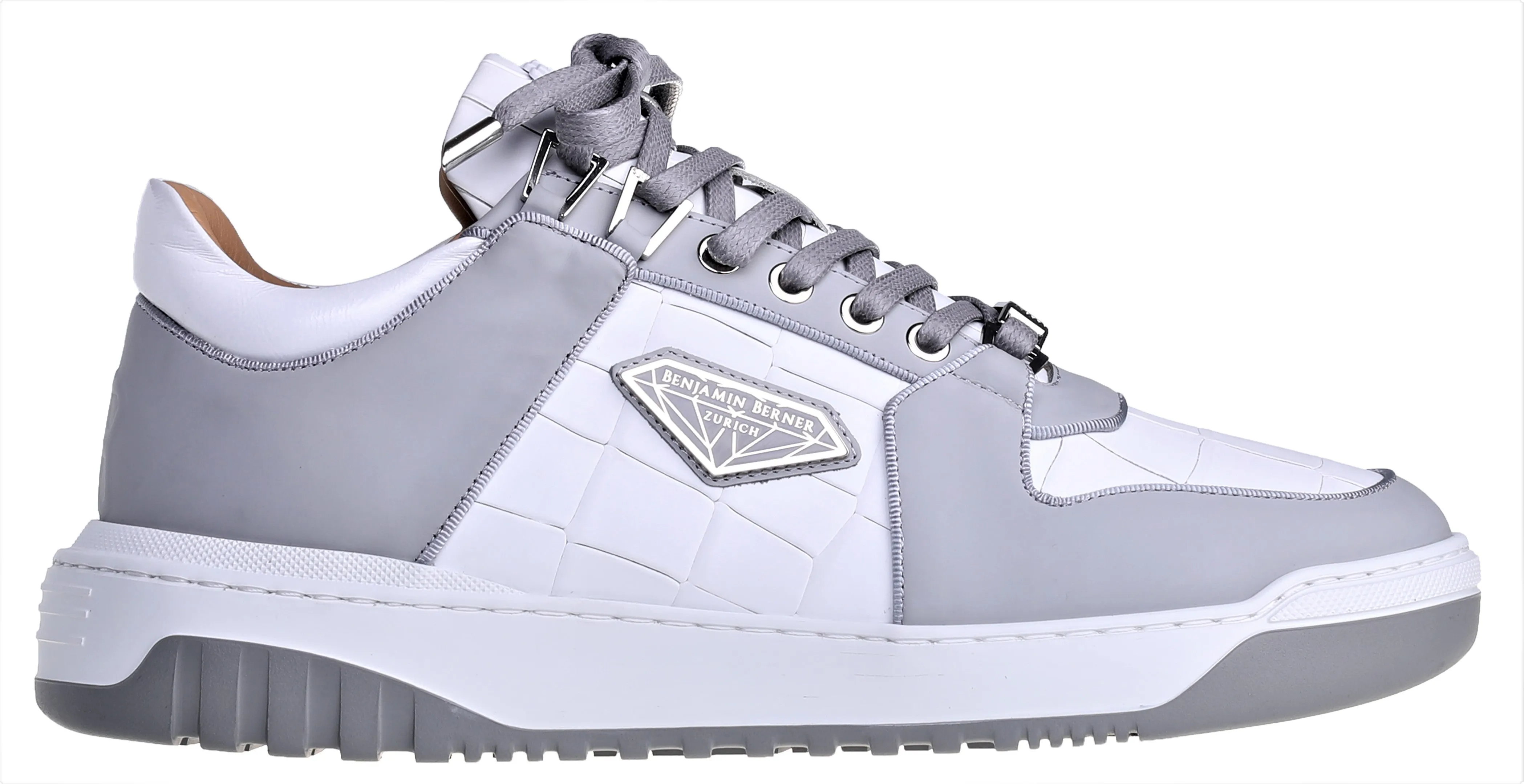 BNJ Low-Top White Crocodile-Ice Grey Nappa Sneakers