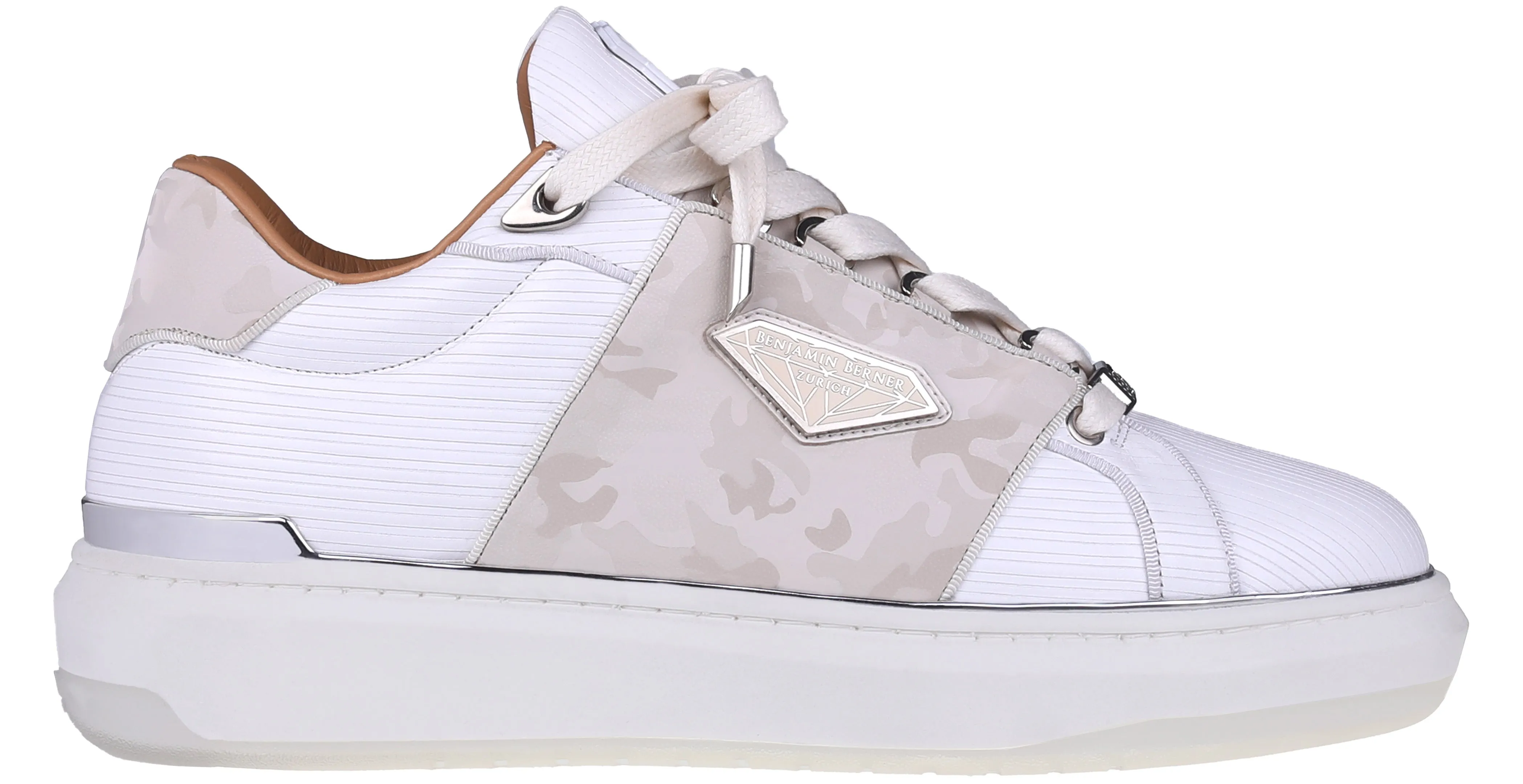 BNJ LUCAS White Nappa Low-Top Sneakers with 3D Stripes and Reflective Camouflage