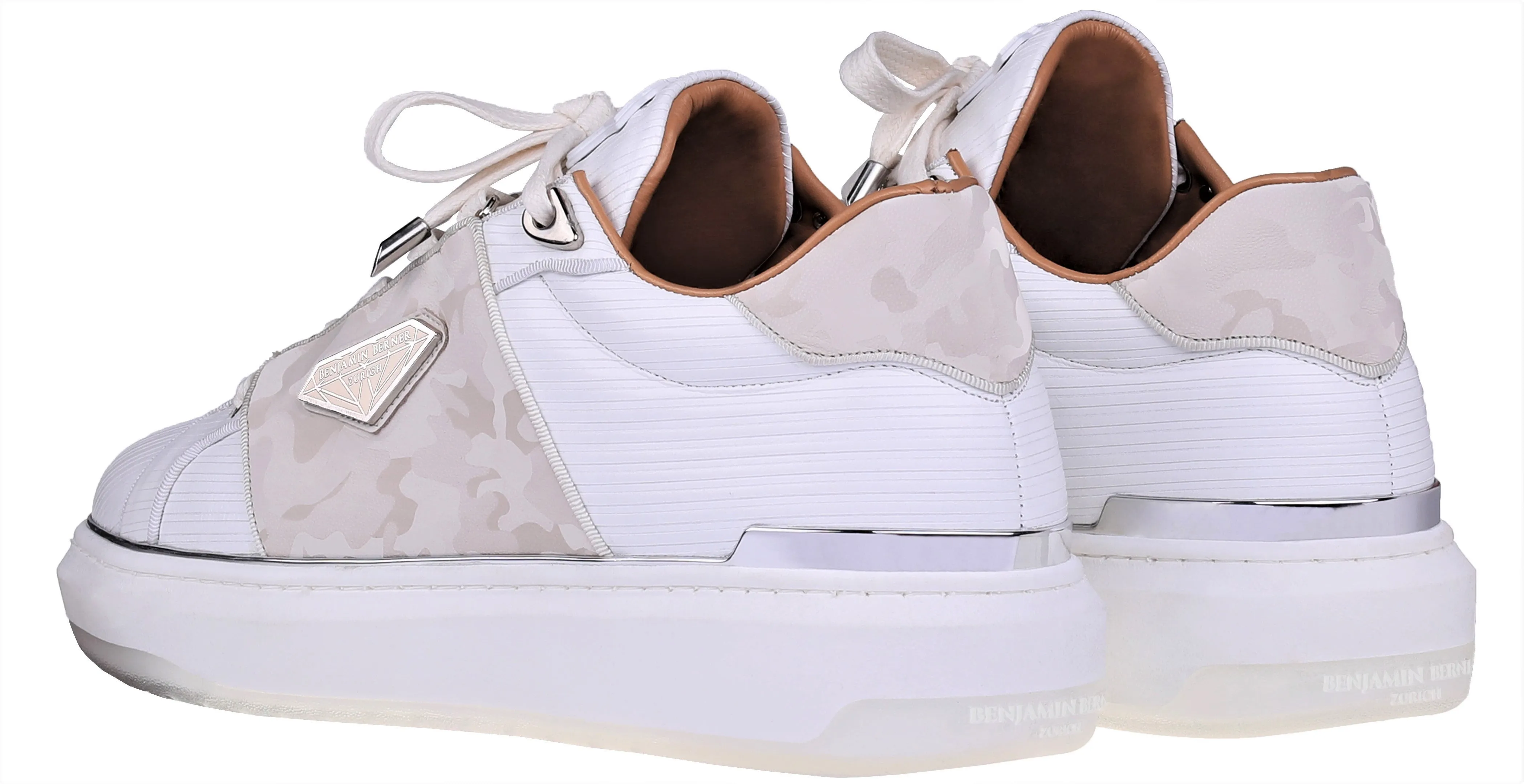 BNJ LUCAS White Nappa Low-Top Sneakers with 3D Stripes and Reflective Camouflage