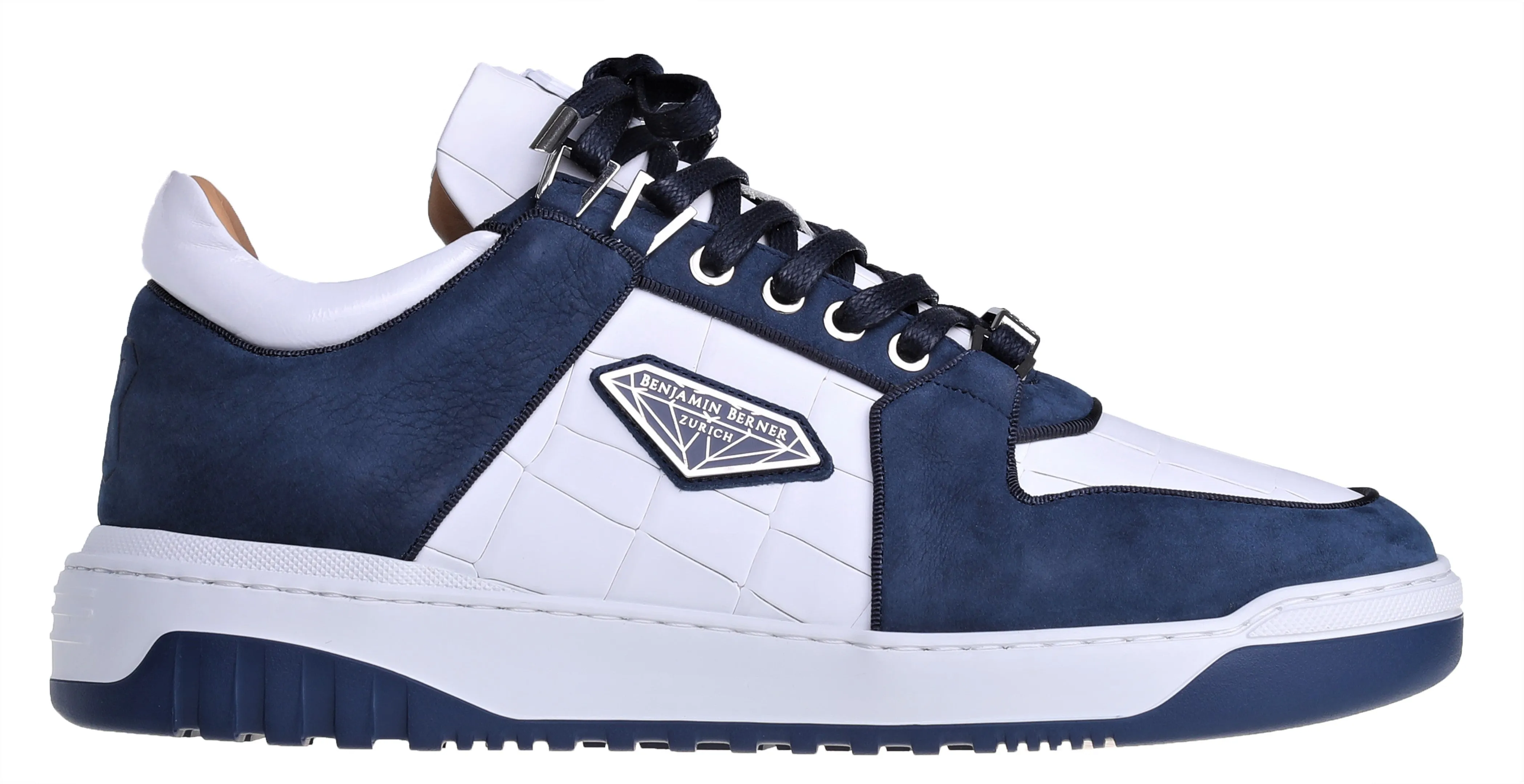 BNJ SIGMA Low-Top White Matt Crocodile-Midnight Blue Waxed Nubuck