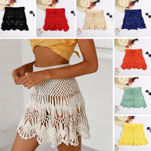 Bohemian Style Solid Color Crochet Hollow Skirt Short Skirt Women's Clothing