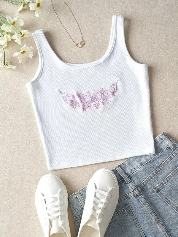 Butterfly Embroidered Sleeveless Crop Top