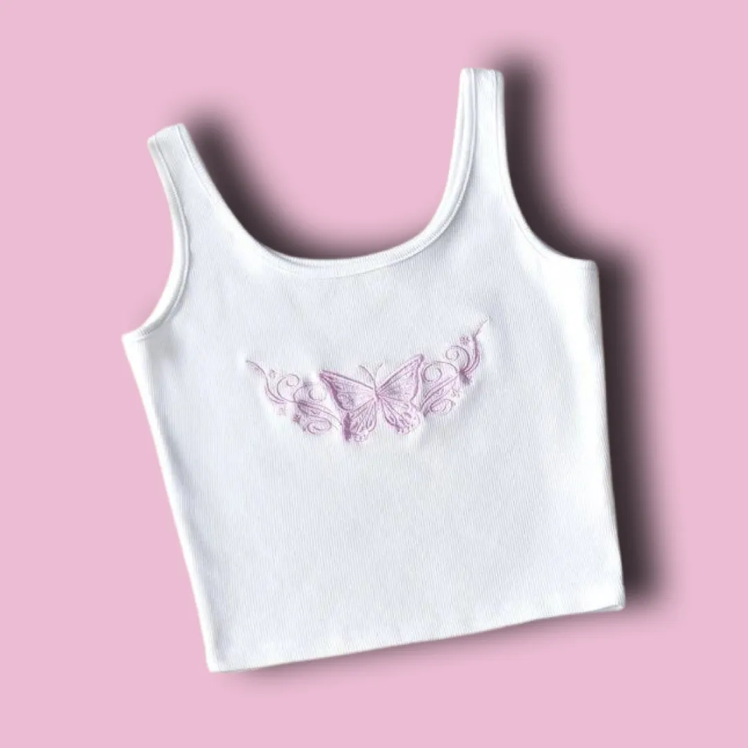 Butterfly Embroidered Sleeveless Crop Top