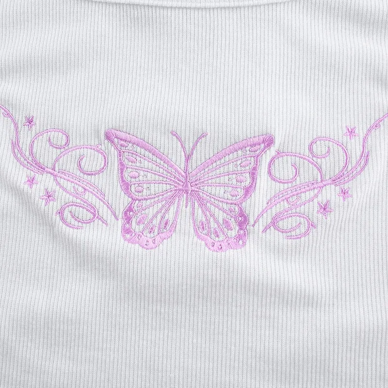 Butterfly Embroidered Sleeveless Crop Top