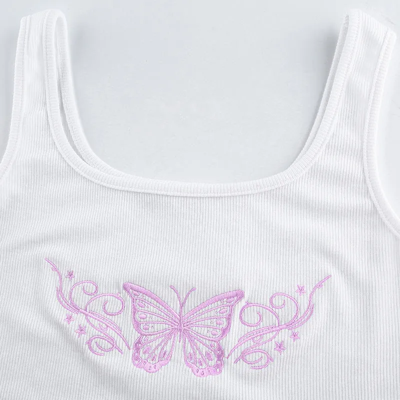 Butterfly Embroidered Sleeveless Crop Top