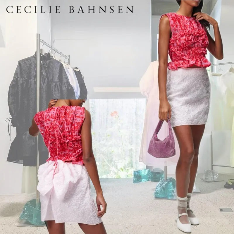 Cecilie Bahnsen peplum boat neck top with lace-up detailing and floral patterns in blended fabrics