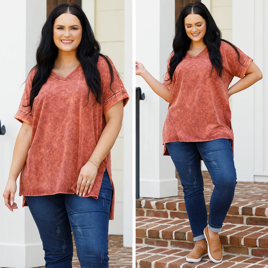 Comfy Travel Top, Neon Brick Mineral Wash