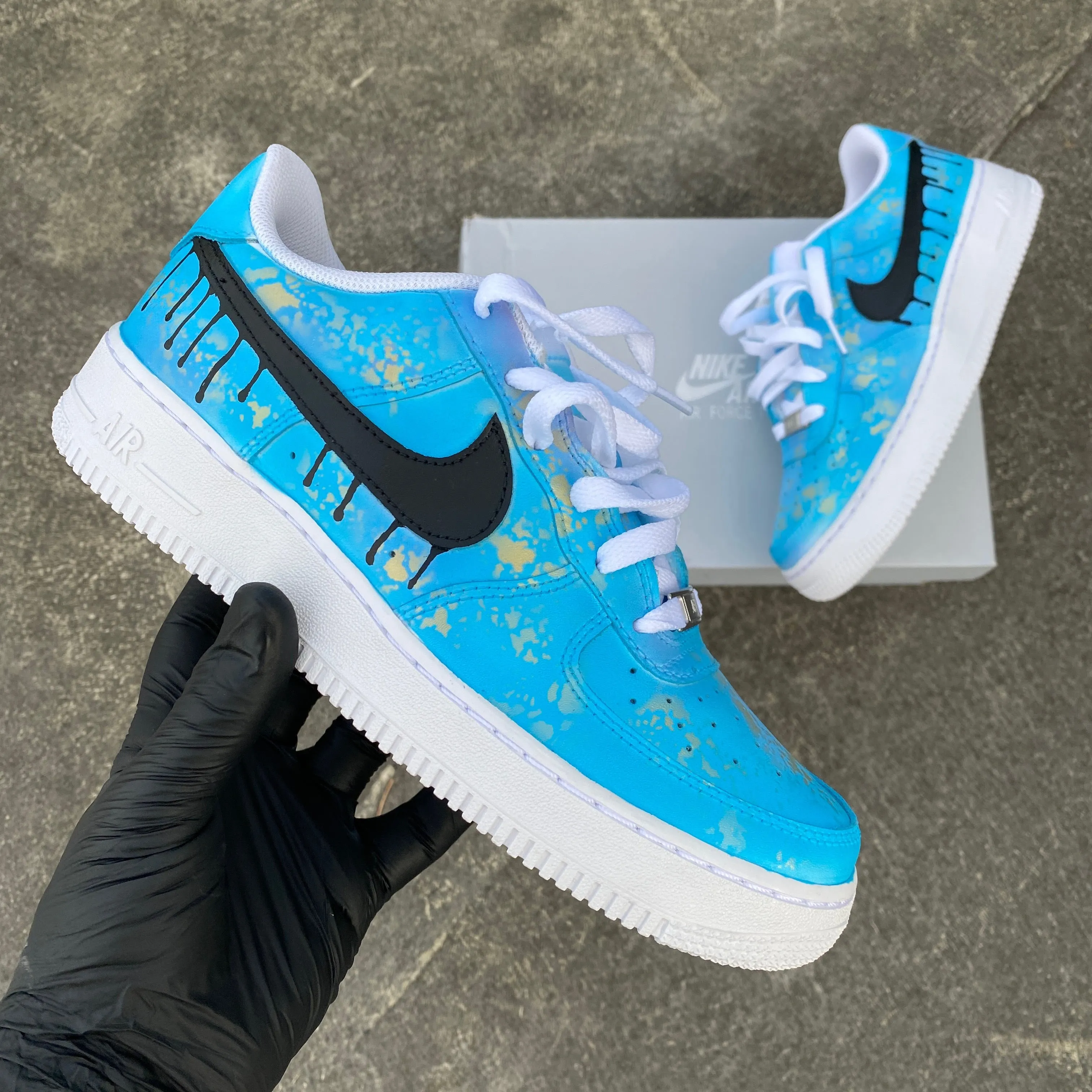 Custom Blue Drip Nike Air Force 1 with Gold Speckles