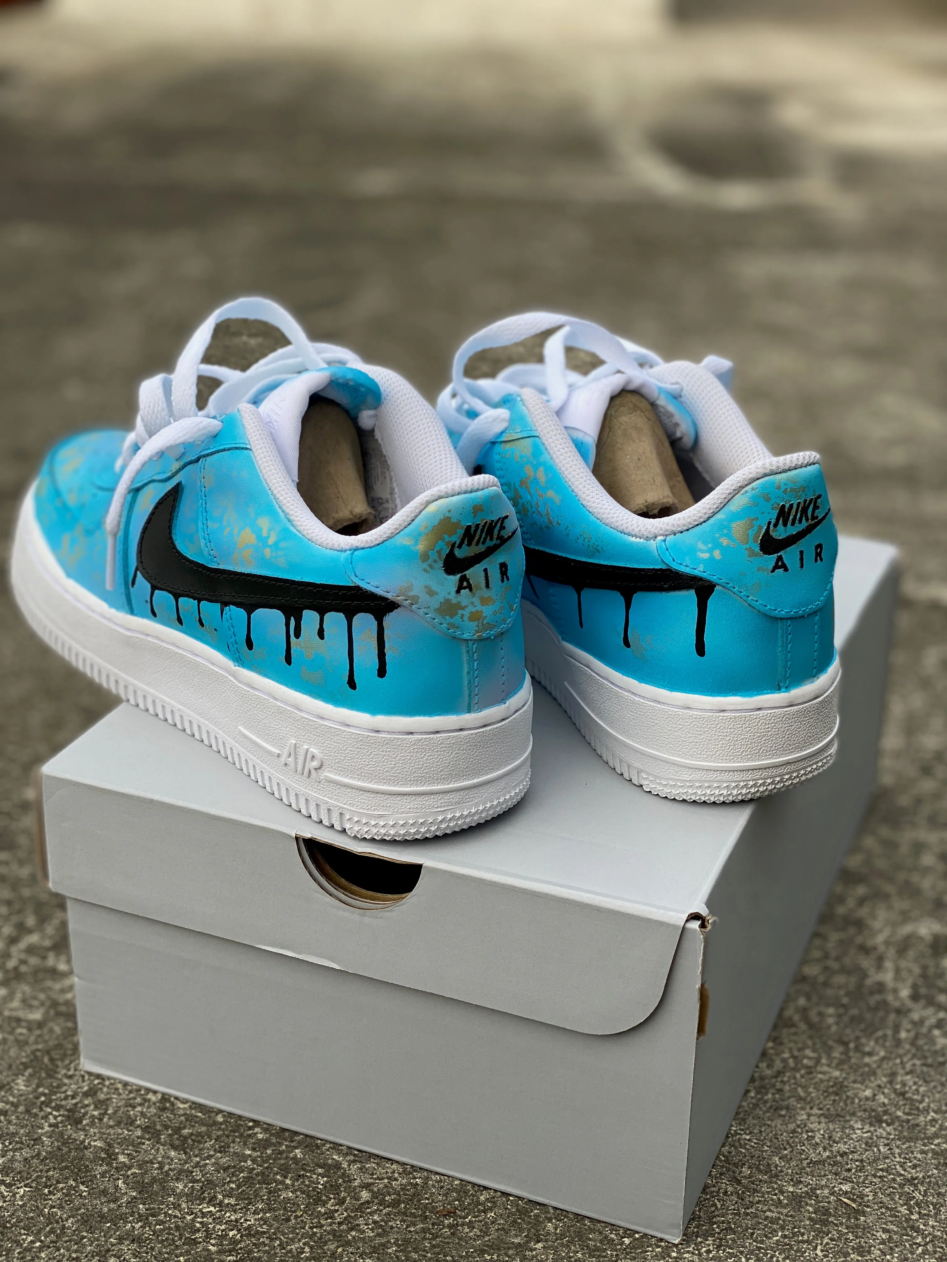 Custom Blue Drip Nike Air Force 1 with Gold Speckles