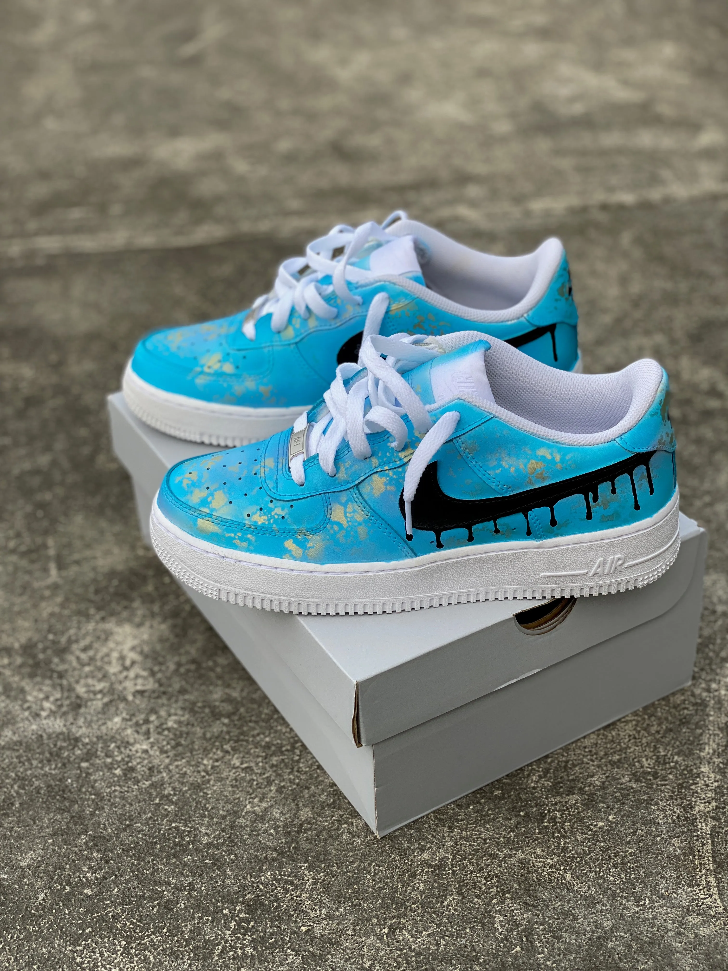 Custom Blue Drip Nike Air Force 1 with Gold Speckles