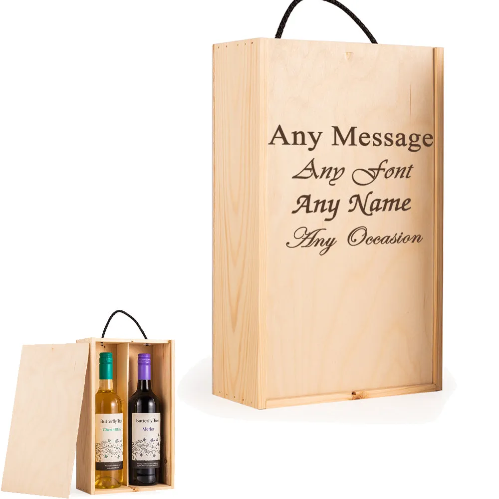 Custom Engraved Wood Wine Box - Holds 2 Standard Wine or Champagne Bottles, Ideal for Special Occasions