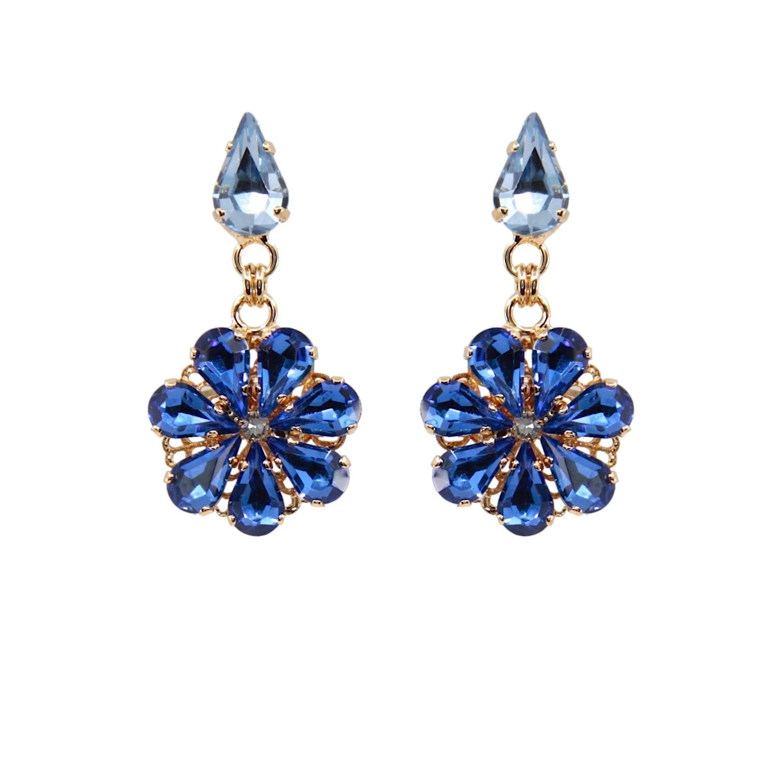 Daisy Pendant Earrings - Sapphire & Aquamarine Crystal Drops.