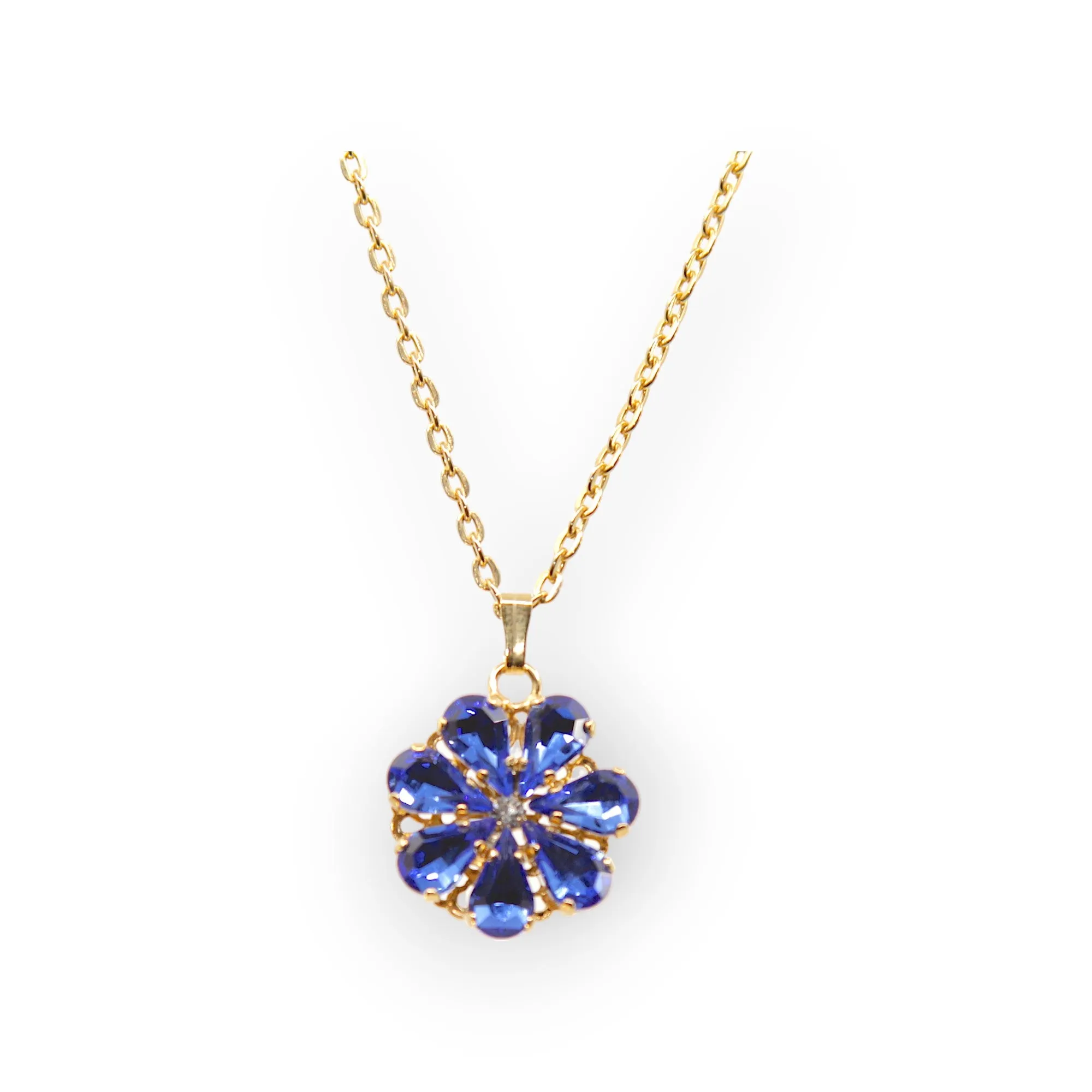 Daisy Pendant Necklace - Crystal Drops - Sapphire and Aquamarine Shades